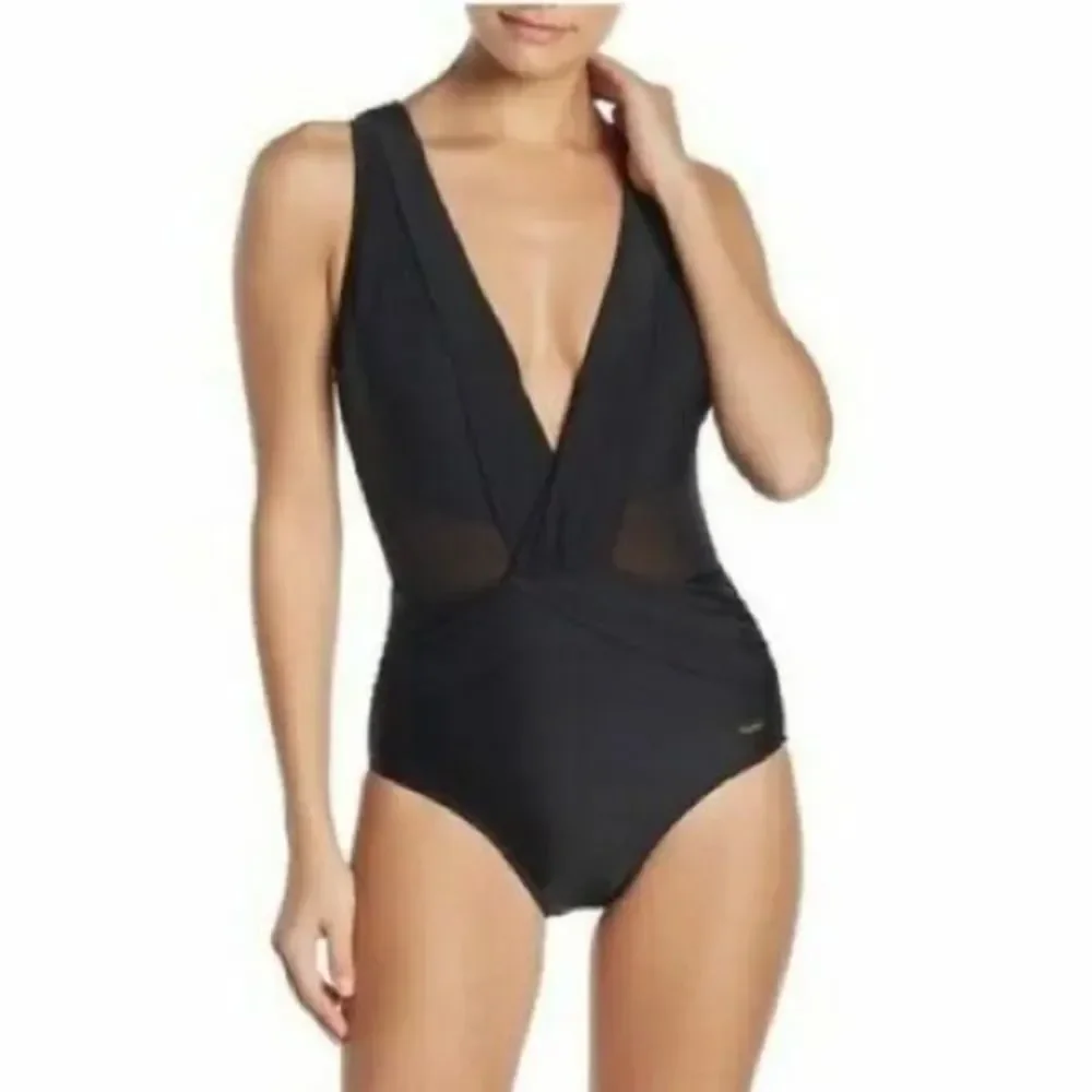 Nicole Miller Plunge Neckline Mesh Illusion Black One Piece Swimsuit Size 12